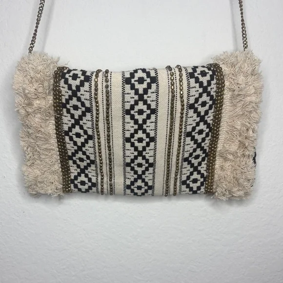 Antik Kraft Boho Beaded Fringe Black and Cream Crossbody Clutch - Picture 9 of 10